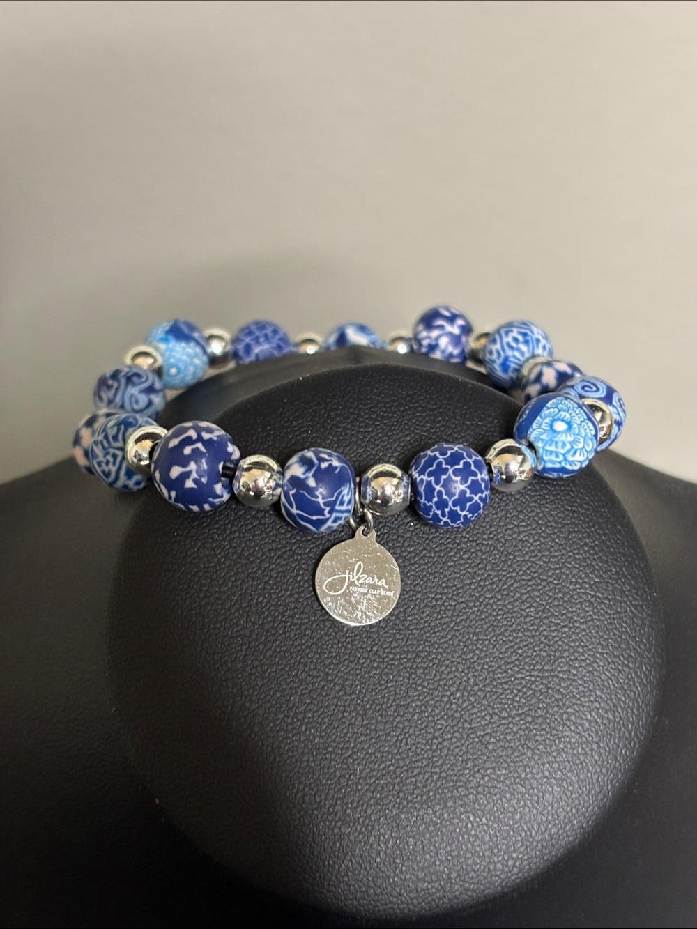 Jilzara Blue Patterned Bead Stretch Bracelet with Silver Accents